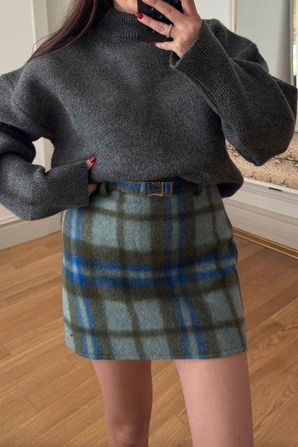 Fleece Mini Plaid Skirt with Belt Detail - Green
