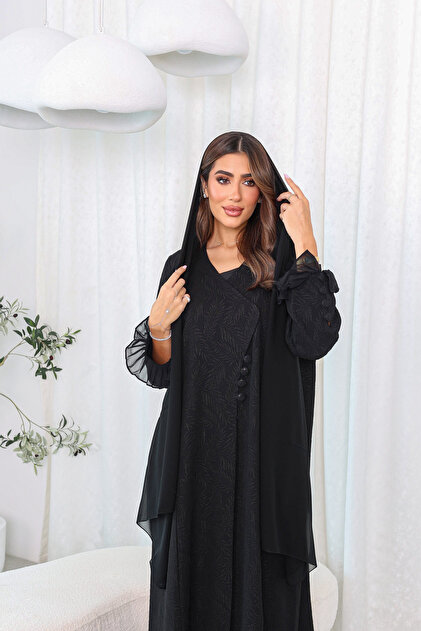 Elegant Jacquard Abaya with Chiffon Layer and Button Sleeve Details