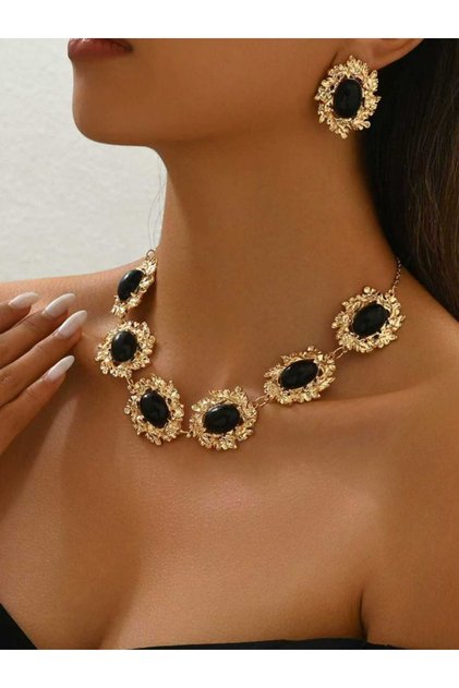 Black Stone Necklace and Earrings Jewelry Set