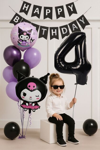 4 Yaş Kuromi Temalı Doğum Günü Balon Seti Siyah Rakam Happy Birthday Banner Uçan Balon
