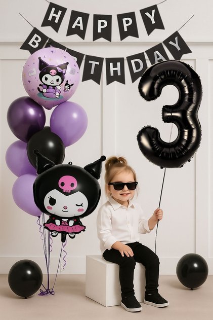 3 Yaş Kuromi Temalı Doğum Günü Balon Seti Siyah Rakam Happy Birthday Banner Uçan Balon