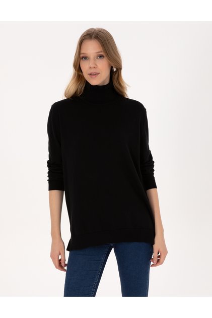 Black Comfort Fit Full Turtleneck Basic Sweater 50316385-Vr046