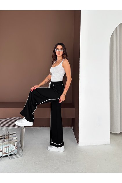 Women's White Striped Modal Pleated Trackpants Wide Leg