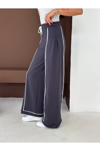 Women's White Striped Modal Pleated Trackpants Wide Leg