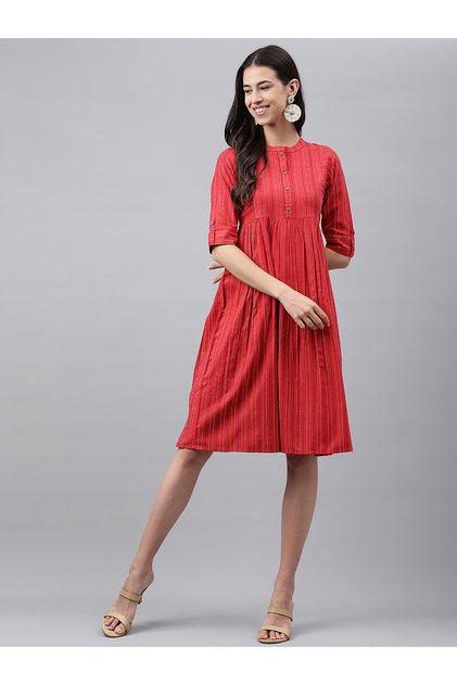 Premium pure cotton red colour dress with yellow & black thin stripes - Indo Western wear / dress