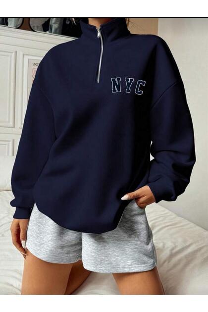 Women's Navy Blue Nyc Printed Mock Neck Half Zipper Sweatshirt