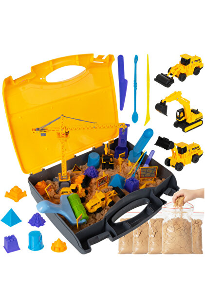 Set de constructii cu nisip kinetic, macara, utilaje, unelte si forme, valiza, 36 x 7 x 29 cm