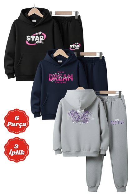 3 İplik Ş Fleece-Lined Winter Kangaroo Pocket K Hooded Print Detailed 6 Piece Girls' Tracksuit Set