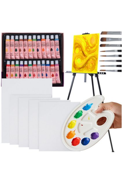 Set 41 piese pictura si desen, sevalet aluminiu, 170 cm, 24 vopsele, 5 panze, 10 pensule, paleta