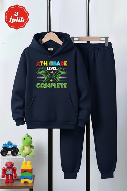 3 İplik Winter Ş Fleece-Lined Kangaroo Pocket Play Print Detailed K Hooded Boys' Tracksuit Set