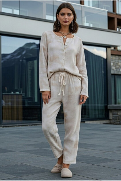 Organik Müslin 2'li Takım - Kadın Pijama - Gömlek Takım- Naturel Doğal-oeko Tex Sertifikalı Kumaş