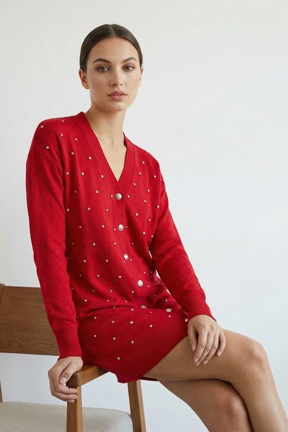 Women's Mercerized Baklava Pattern Cardigan Red
