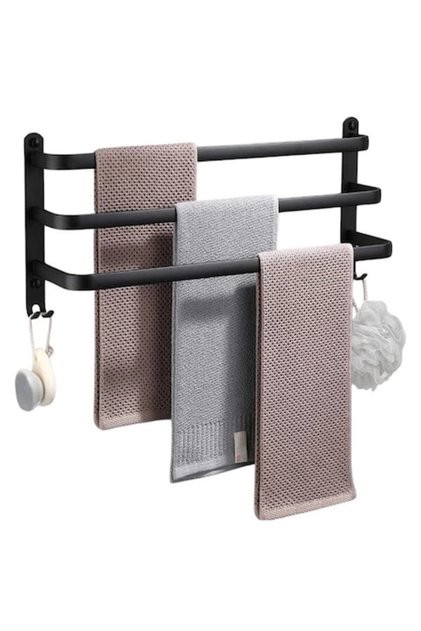 Suport prosoape din aluminiu, 3 brațe + 4 cârlige, 60 cm, rezistent la coroziune, negru mat