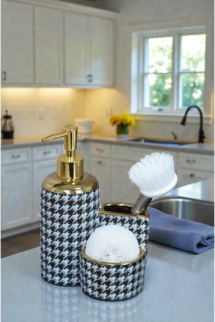 39970 Porcelain Kitchen Set Liquid Soap Dispenser, 400ml with Brush, Gilded, Goose Leg