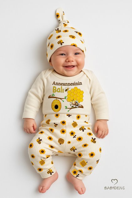 Grandmother's Honey 3-Piece Newborn Set Cotton Long-Sleeve Bodysuit, Floral Bee Pattern Ribbed Pants, Beanie