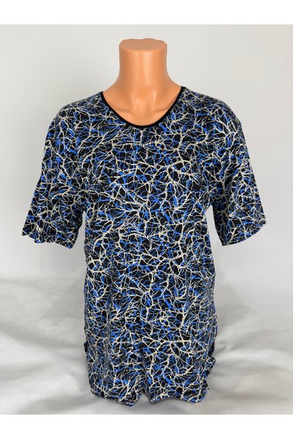 Women's Blue Black U-Neck Short Sleeve Patterned Slit Woven Viscose Mother Combed Cotton T-Shirt