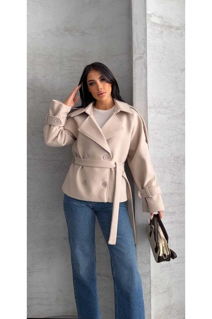 Apoletli Buttoned Belted Short Cashmere Coat Women