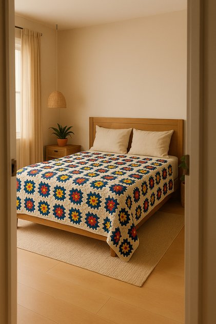 El Yapımı Renkli Granny Square Yatak Örtüsü – Boho Çift Kişilik Örgü Patchwork Battaniye