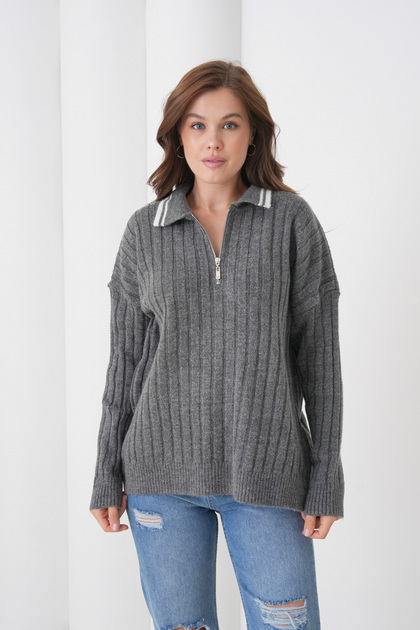 Women's Shirt Collar Half Zipper Corded Fabric Knitwear Sweater
