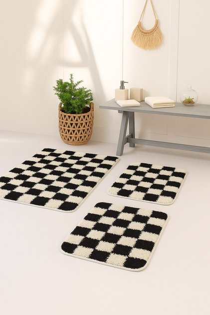 Chess Dama Pattern 3-Piece Bath Mat Bone-Black 60X100 60X50 60X50Cm Washable Latex Non-Slip Base