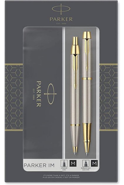 IM Duo Gift Set - Ballpoint & Rollerball, Polished Metal, Gold Trim (9530)