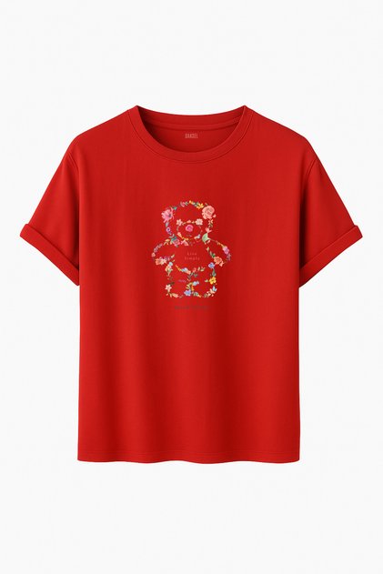 Multicolored Floral Teddy Bear Printed Oversized Basic Fit Crew Neck Unisex T-Shirt