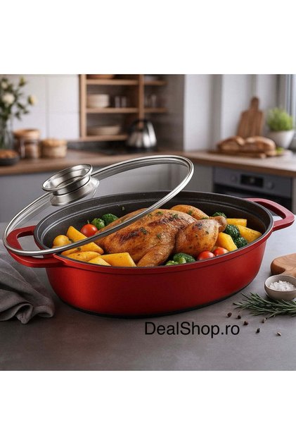 Tavă ovală cu capac Swan 33 cm, 5,5 L, aluminiu turnat, acoperire cu marmură, Roșu Ideală pentru cuptor și
