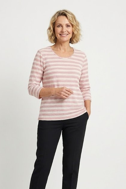 Women's Plus Size Pique Fabric Striped Three Quarter Sleeve Mom Blouse Sweater