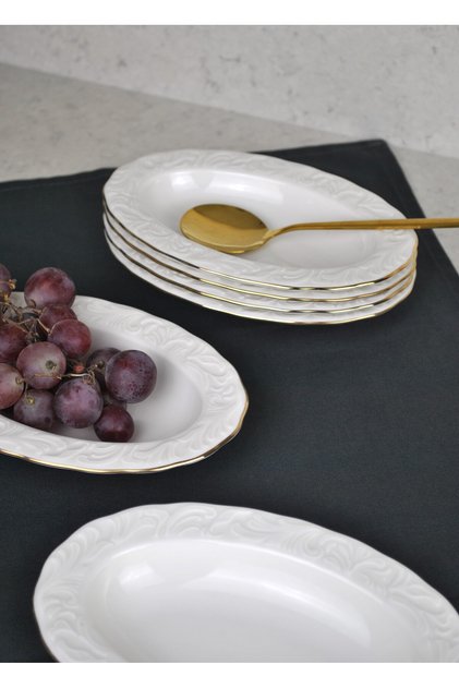6-Piece Gold Gilded Porcelain Boat Plate 12X19 cm Presentation Plate Medium Size