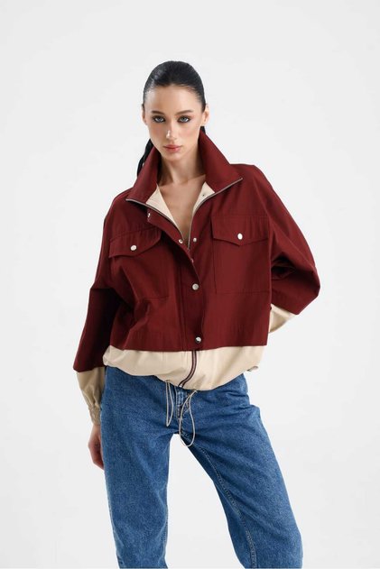 Afitos Double Color Detailed Zippered Short Trench Coat