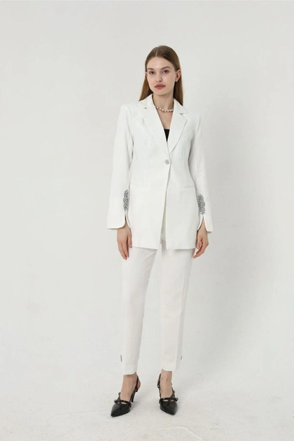 Kadın Beyaz Blazer Ceket Pantolon Takım İkili Boru Paça