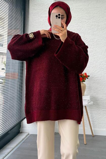 Sim Geçişli Oversized Women's Knitwear Sweater – Burgundy