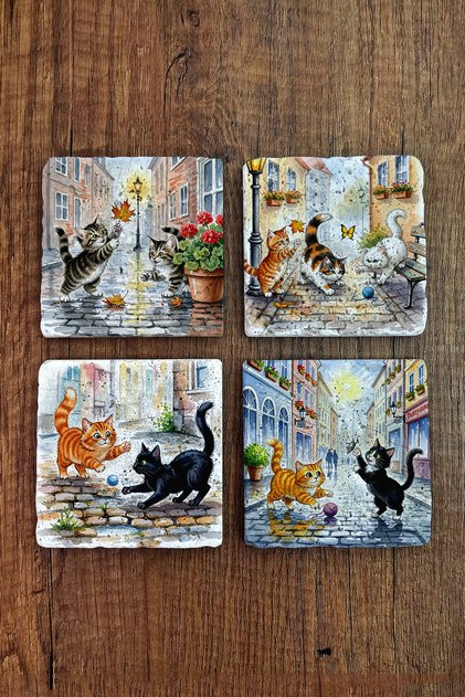 Natural Stone Coasters - Cute Cats Printed Coasters 10X10Cm Ai Stone Coasters 580
