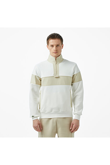 Erkek Classic Fit Yarım Fermuarlı Renk Bloklu Beyaz Sweatshirt