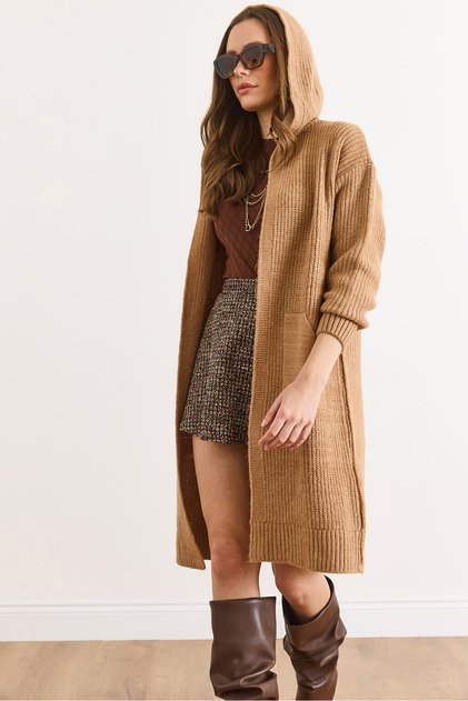 Women's Biscuit Hooded Pocket Soft Textured Thick Cardigan Hrk-19000416
