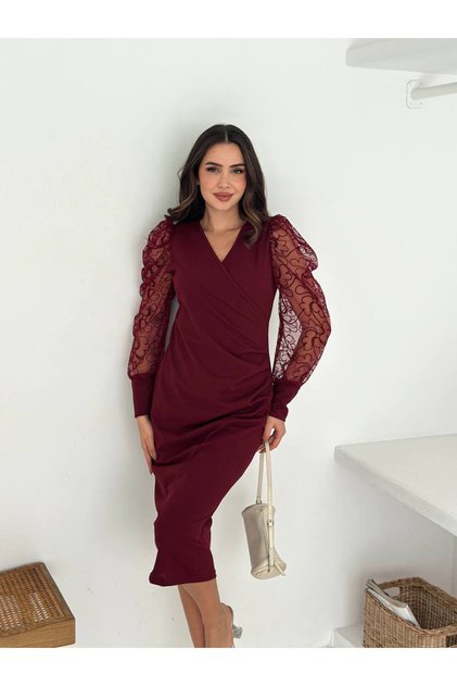 Women's Scuba Fabric Double-breasted Collar Pleated Sleeve Flock Tight Fit Dress