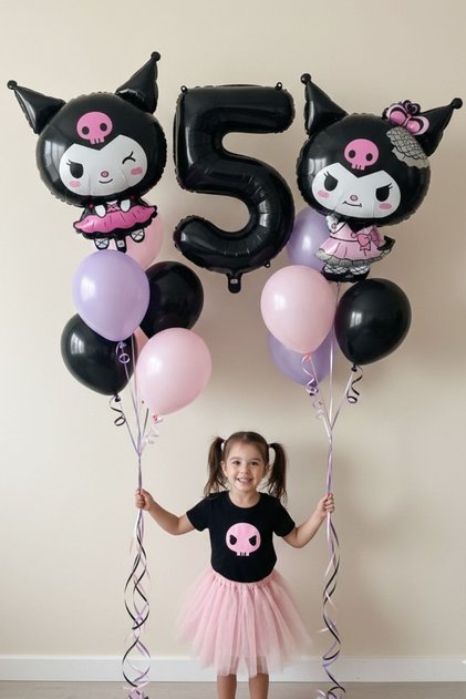 5 Yaş Kuromili Balon Set Doğum Günü Balon Set Siyah Rakam Balon Helyum Uyumlu Uçan Balon Full Set