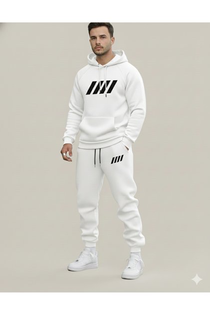 Three-Thread Compact Hooded Cotton-Lined Four-Striped Printed Premium Oversized Tracksuit Set