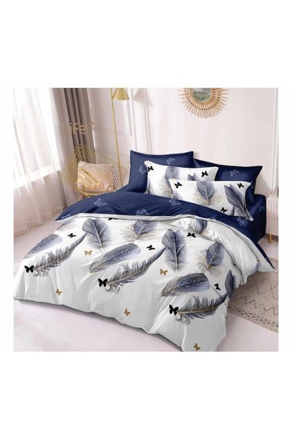 Set lenjerie pat dublu, bumbac gros fin, 6 piese, albastru, model pene