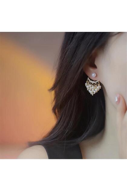 Pearl Tassel and Stone Half Moon Design Gold Earrings (Ear Jacket)