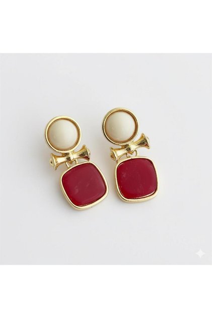 Red Cream Square Earrings