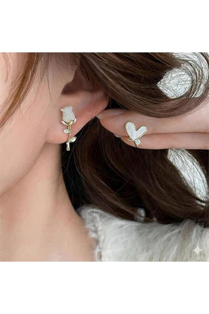 White Mother-Of-Pearl Heart and Rose Asymmetric Earrings