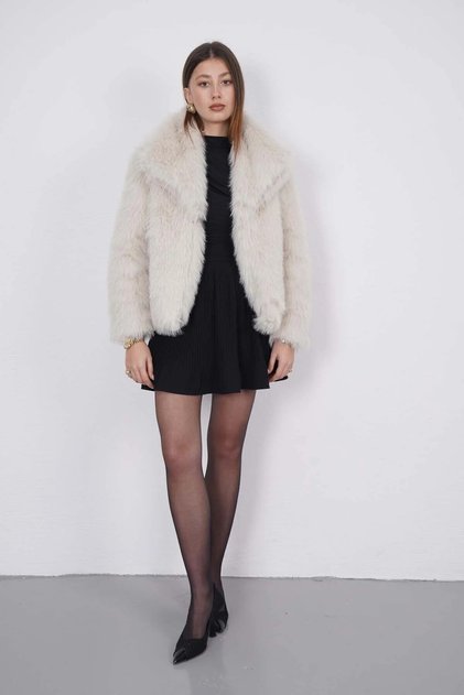 Dame Women's Trendy Model Lined Beige Faux Fur Jacket