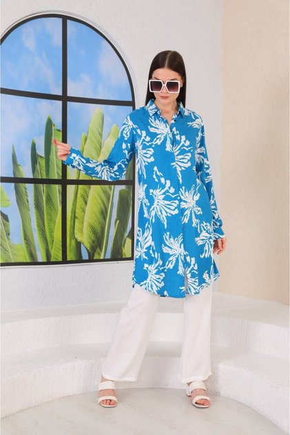 Blue and White Floral Patterned Summer Comfortable Cut Viscose Tunic