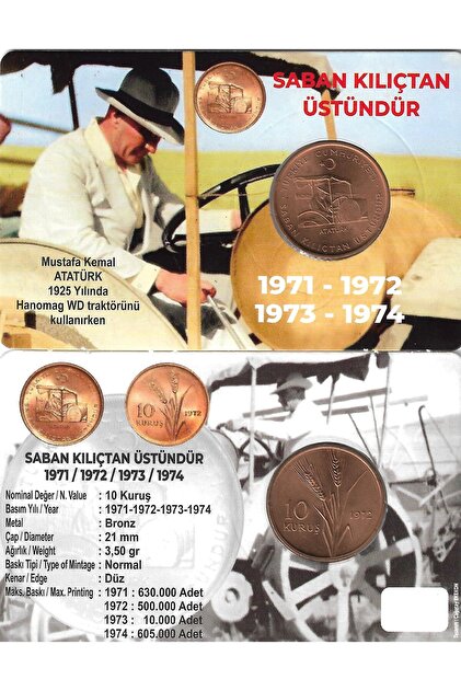 Fao 1972 Yılı Saban Kılıçtan Üstündür 10 Hatıra Kuruş Özel Açıklamalı Kitinde Çil ( UNC )