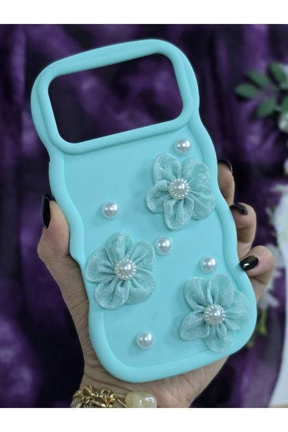 iPhone 18 Pro Max Compatible Water Green Pearl & Tulle Floral Stylish Phone Case