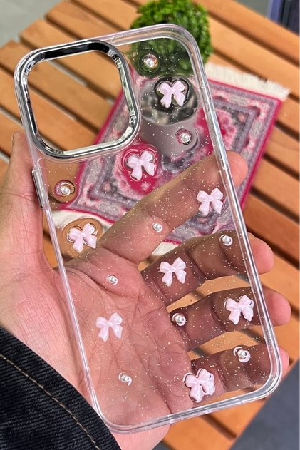 iPhone 16 Pro - Transparent Glitter Pink Bow Pattern Cover with Camera Protrusion Shiny Case
