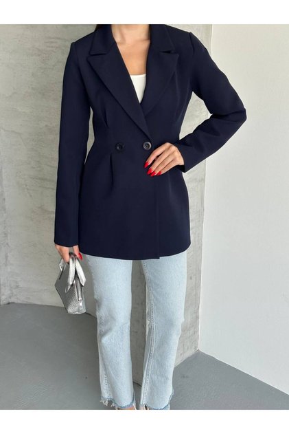 Women's Navy Blue Button Detailed Blazer Jacket