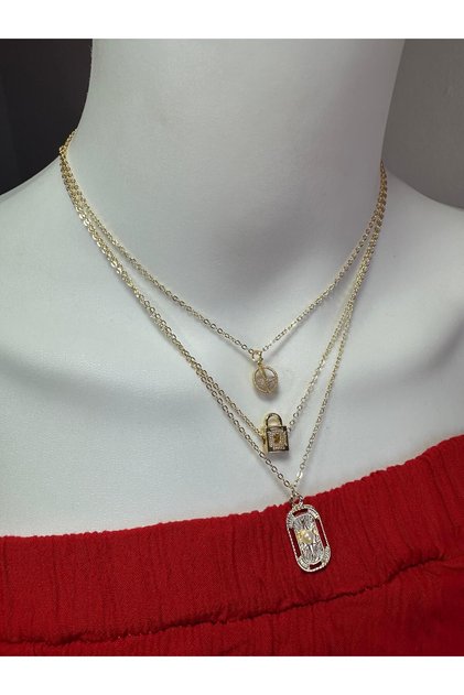 3-Piece Steel Charm Necklace Set, Crystal Stone Necklace, Lock-Shaped Necklace, Pearl Detailed Necklace