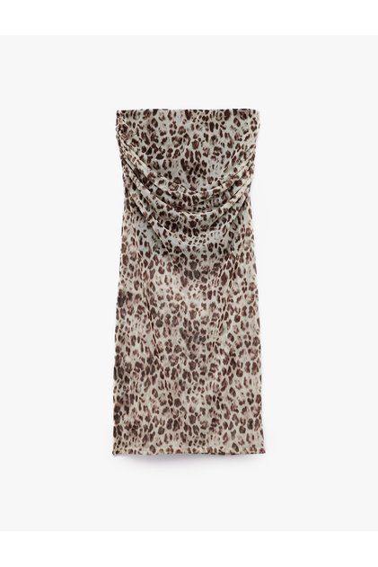Fusta din tul cu căptușeală slim fit drapat imprimeu leopard lungime midi